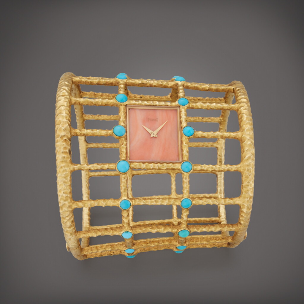 View full screen - View 1 of Lot 127. Reference 9150 D 93 | A fine yellow gold, turquoise and coral cuff watch, Circa 1970.