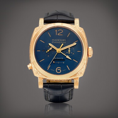 View full screen - View 1 of Lot 8703. Panerai | Radiomir 1940 Chrono Monopulsante, Reference PAM01006 | A pink gold dual time single button chronograph wristwatch with day and night indication, 8 days power reserve indication and special hand engraving by Panerai, Circa 2018 | 沛納海 | Radiomir 1940 Chrono Monopulsante 型號PAM01006 | 粉紅金兩地時間單按鈕計時腕錶,備晝夜顯示、8天動力儲備顯示及沛納海特殊雕刻錶殼,約2018年製.