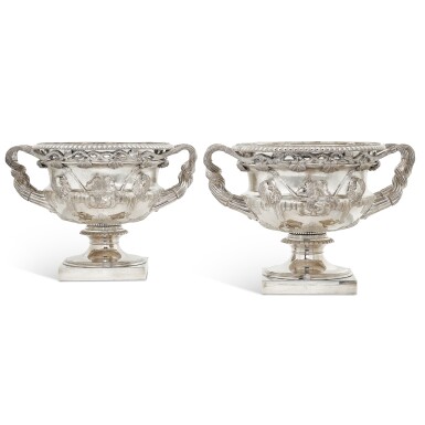 View full screen - View 1 of Lot 34. A pair of monumental silver Warwick vases, William Comyns Ltd., London, 1992.