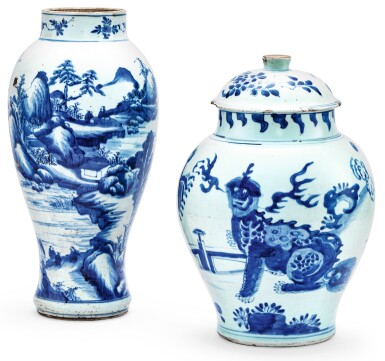 View full screen - View 1 of Lot 8. POTICHE COUVERTE EPOQUE TRANSITION, XVIIE SIÈCLE ET VASE BALUSTRE EN PORCELAINE BLEU BLANC DYNASTIE QING, XVIIIE SIÈCLE |十七世紀 青花瑞獸紋蓋罐 及 清十八世紀 青花山水紋觀音尊 | A blue and white 'lion' jar and cover, Transitional period, 17th century, and a blue and white baluster vase, Qing Dynasty, 18th century.