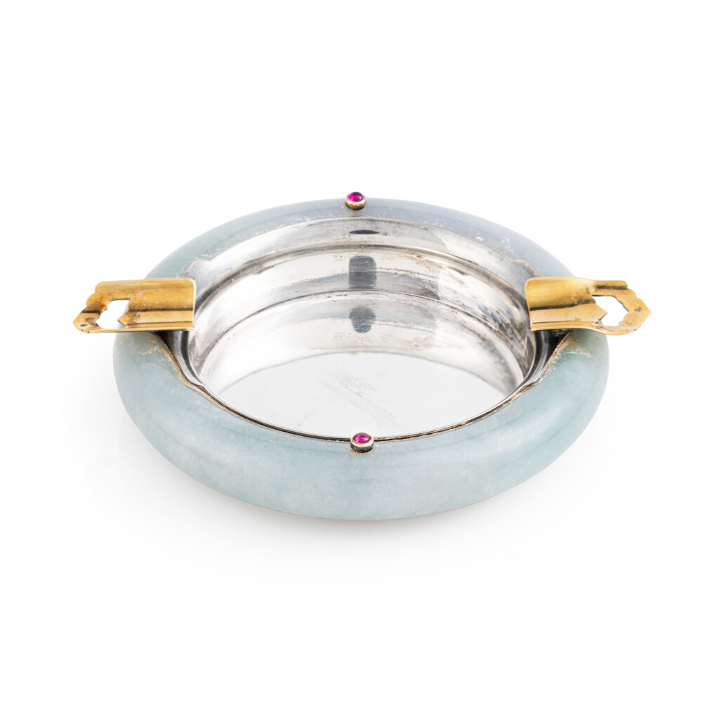 View full screen - View 1 of Lot 1057. A jewelled gold, silver and jadeite Art Déco ashtray, Cartier, circa 1925 .