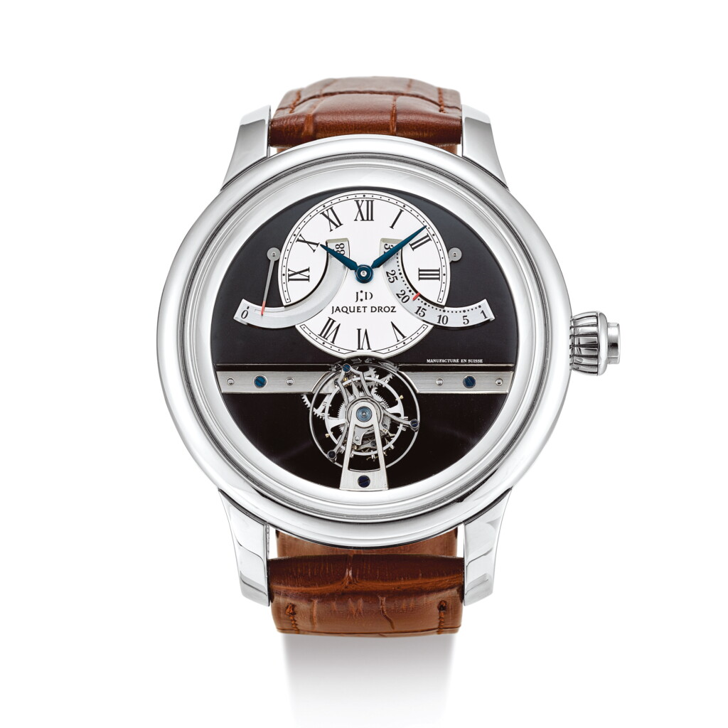 View full screen - View 1 of Lot 2153. JAQUET DROZ | GRANDE SECONDE TOURBILLON, REFERENCE J028034201 A LIMITED EDITION WHITE GOLD TOURBILLON WRISTWATCH WITH DATE AND POWER RESERVE INDICATION, MADE IN 2009" | 雅克德羅 | Grande Seconde Tourbillon 型號J028034201 限量版白金陀飛輪腕錶,備日期及動力儲備顯示,機芯編號J200.014.450,錶殼編號25/28,2009年製".