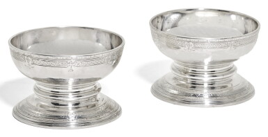 View full screen - View 1 of Lot 115. A PAIR OF GEORGE II SILVER SALTS, PAUL CRESPIN, LONDON, 1730.