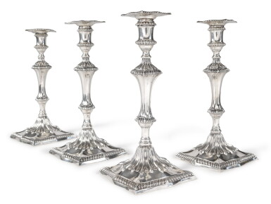 View full screen - View 1 of Lot 201. FOUR MATCHING GEORGE III SILVER CANDLESTICKS, JOHN CARTER II, LONDON, 1770 (3) AND 1775 (1).