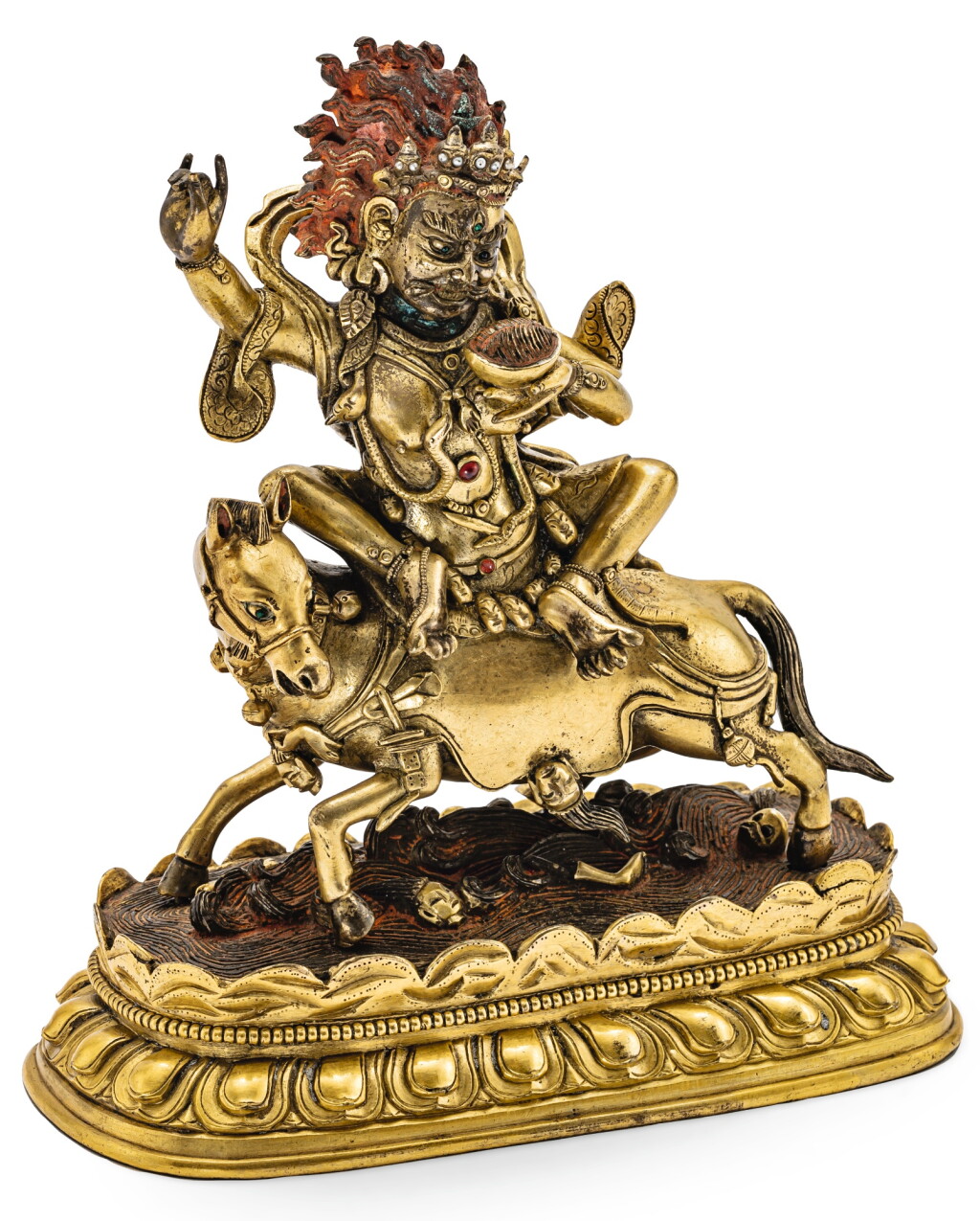 View full screen - View 1 of Lot 17. STATUETTE DE PALDEN LHAMO EN BRONZE DORÉ DYNASTIE QING, XVIIIE SIÈCLE | 清十八世紀 鎏金銅嵌寶吉祥天母像 | A gilt-bronze figure of Palden Lhamo, Qing Dynasty, 18th century.