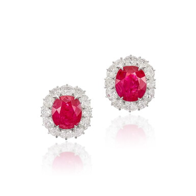 View full screen - View 1 of Lot 242. Ruby and Diamond Earrings | 3.42 及 3.01克拉 天然「緬甸」未經加熱 紅寶石 配 鑽石 耳環一對.