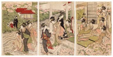 View full screen - View 1 of Lot 7. Kitagawa Utamaro (1754-1806) | Viewing cherry blossoms by a river | Edo period, 19th century .