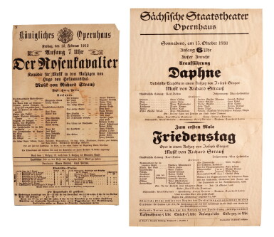 View full screen - View 1 of Lot 93. R. Strauss. Two playbills for his operas, "Der Rosenkavalier", "Daphne" and "Friedenstag", 1912 & 1938.