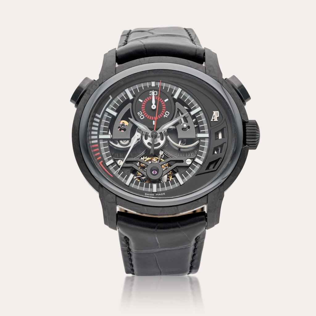 View full screen - View 1 of Lot 307. Reference 26152AU.OO.D002CR.01 Millenary Carbon One | A limited edition forged carbon and ceramic semi-skeletonized tourbillon chronograph wristwatch with power reserve indication, Circa 2010.