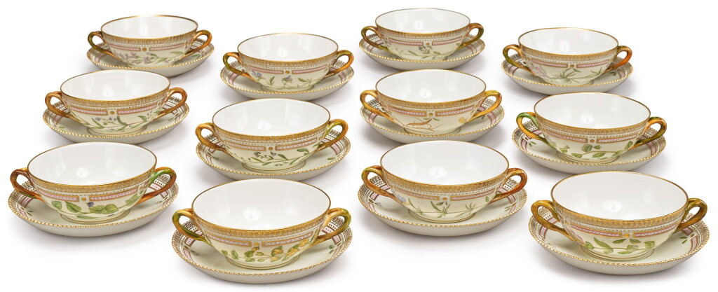 View full screen - View 1 of Lot 154. TWELVE ROYAL COPENHAGEN 'FLORA DANICA' TWIN-HANDLED SOUP BOWLS AND STANDS, MODERN.