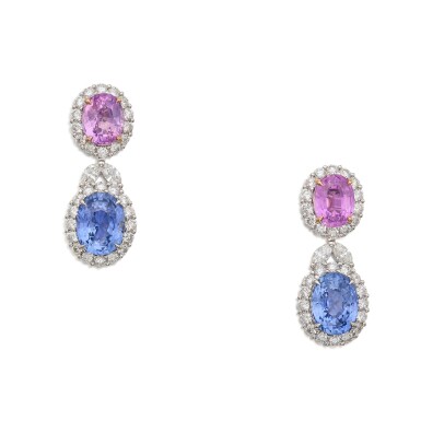 View full screen - View 1 of Lot 164. Pair of Sapphire, Pink Sapphire and Diamond Earrings.