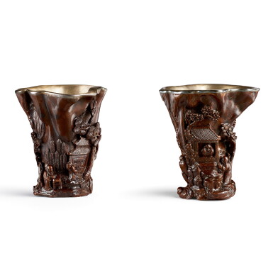 View full screen - View 1 of Lot 3659. A pair of chenxiangmu 'Eight Drunken Immortals' cups Qing dynasty, 18th century | 清十八世紀 沉香木雕飲中八仙詩意圖盃一對.