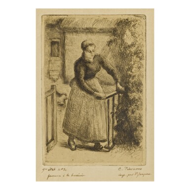 View full screen - View 1 of Lot 173. CAMILLE PISSARRO | FEMME À LA BARRIÈRE (DELTEIL 84).