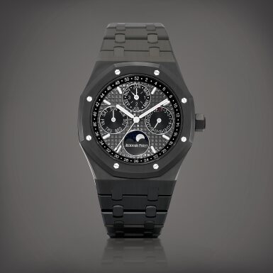 View full screen - View 1 of Lot 2199. Royal Oak Quantieme Perpetuel, Reference 26579CE.OO.1225CE.01 | A black ceramic perpetual calendar bracelet watch with day, date, aventurine moon phases, 52 weeks and leap year indication, Circa 2017 | 愛彼 | 皇家橡樹系列 Quantieme Perpetuel 型號26579CE.OO.1225CE.01 | 黑色陶瓷萬年曆鏈帶腕錶,備日期、星期、砂金石月相、52週及閏年顯示,約2017年製.