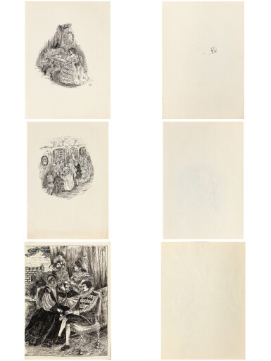 View full screen - View 1 of Lot 426. Animated scenes in 18th century interiors and troubadours, set of three drawings.