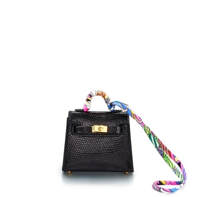 View full screen - View 1 of Lot 7831. Black Shiny Salvator Lizard Micro Mini Twilly Kelly Bag Charm Gold Hardware, 2022.
