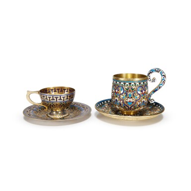 View full screen - View 1 of Lot 63. Two Russian silver-gilt and enamel cups and saucers, Moscow, late 19th - early 20th century.