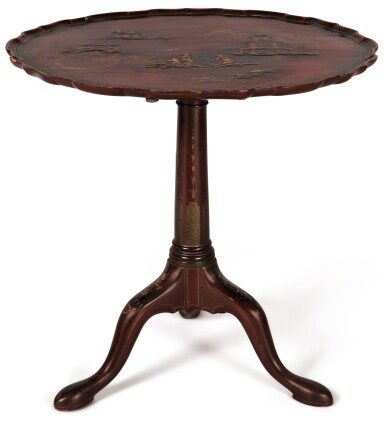 View full screen - View 1 of Lot 124. A GEORGE II STYLE SCARLET AND GOLD JAPANNED TRIPOD TABLE.