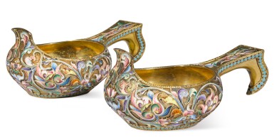 View full screen - View 1 of Lot 238. A pair of silver-gilt and shaded enamel miniature kovshi, Maria Semenova, Moscow, 1908-1917.