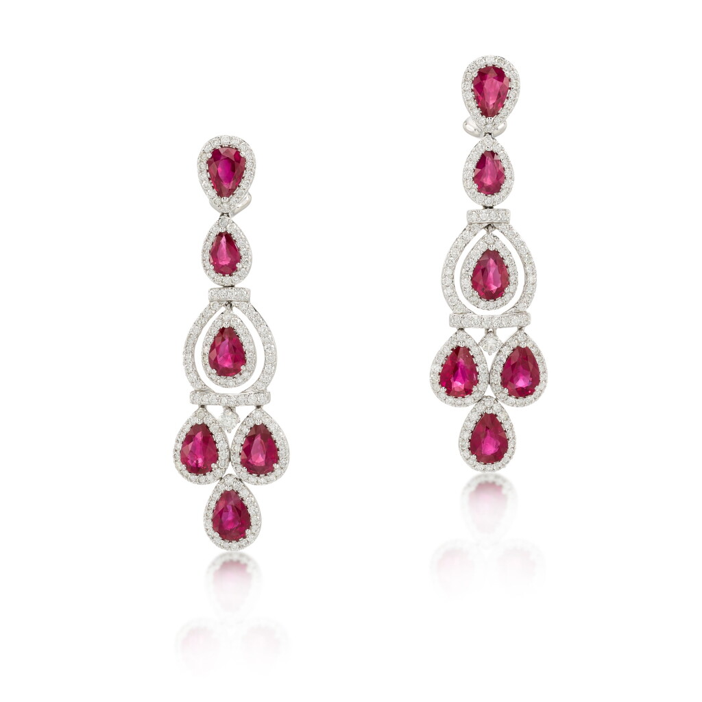View full screen - View 1 of Lot 78. Ruby and Diamond Pendent Earrings .