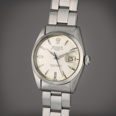 View full screen - View 1 of Lot 428. Reference 1500 Oyster Perpetual Date | A stainless steel automatic wristwatch with date and bracelet, Circa 1961.