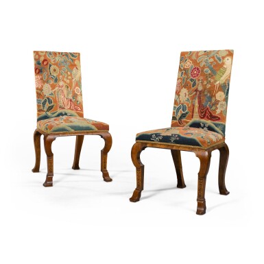 View full screen - View 1 of Lot 15. A pair of Queen Anne walnut and marquetry side chairs, circa 1705, attributed to Thomas or Richard Roberts.