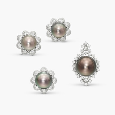 View full screen - View 1 of Lot 1388. Cultured Pearl and Diamond Demi-Parure | 養殖珍珠 配 鑽石 掛墜 配 戒指 及 耳環套裝.