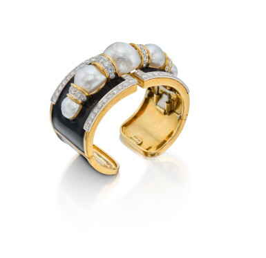 View full screen - View 1 of Lot 118. Cultured Pearl, Enamel and Diamond Cuff-Bracelet.