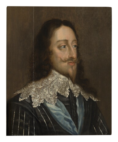 View full screen - View 1 of Lot 30. FOLLOWER OF SIR ANTONY VAN DYCK | PORTRAIT OF KING CHARLES I (1600-1649), BUST LENGTH, IN A BLACK DOUBLET AND WHITE LACE COLLAR, WITH THE BLUE GARTER RIBBON AROUND HIS NECK.