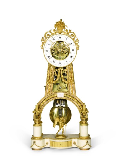 View full screen - View 1 of Lot 130. A Louis XVI gilt-bronze and white marble skeleton clock with calendar and remontoire, Jean-Simon Bourdier, Paris, dated 1788, the dial by Joseph Coteau.