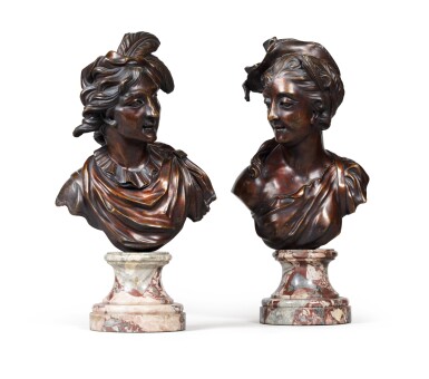 View full screen - View 1 of Lot 192. Busts of a man and a woman with feather and hat.