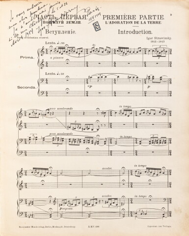 View full screen - View 1 of Lot 222. Le Sacre du printemps, 1913. Édition originale de la partition pour piano, avec envois au chef d'orchestre Pierre Monteux..