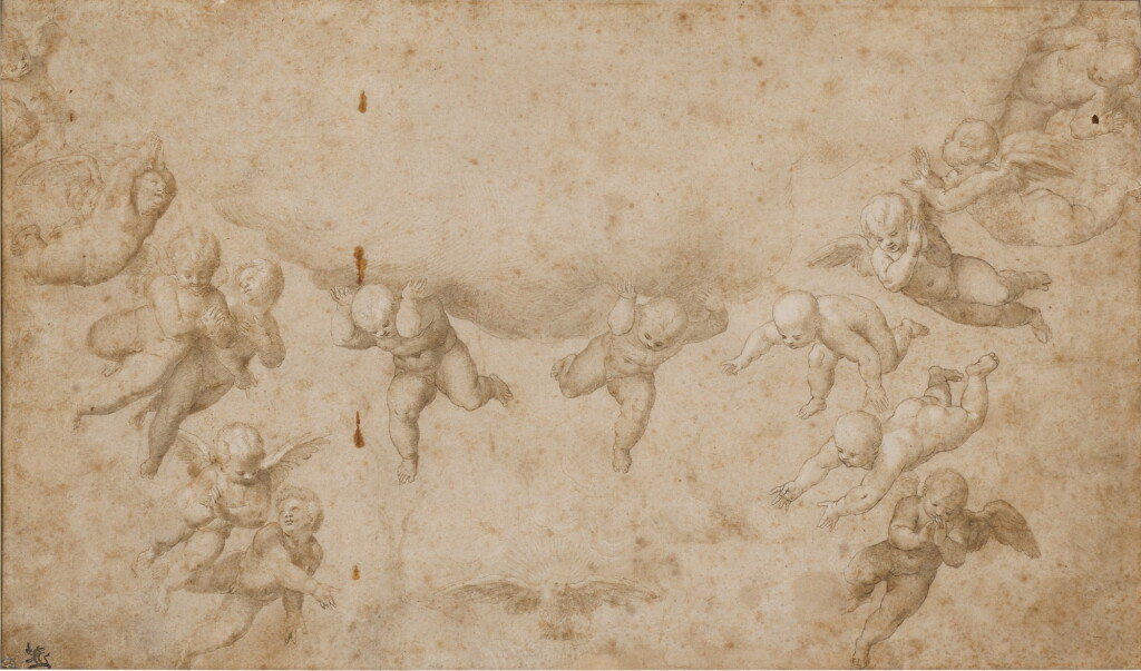 View full screen - View 1 of Lot 184. Cherubs surrounded by clouds with the Dove of the Holy Spirit.