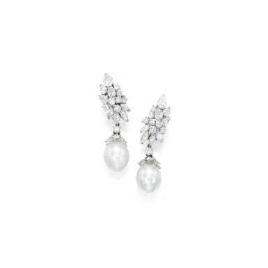 View full screen - View 1 of Lot 130. Pair of Cultured Pearl and Diamond Pendant-Earclips.