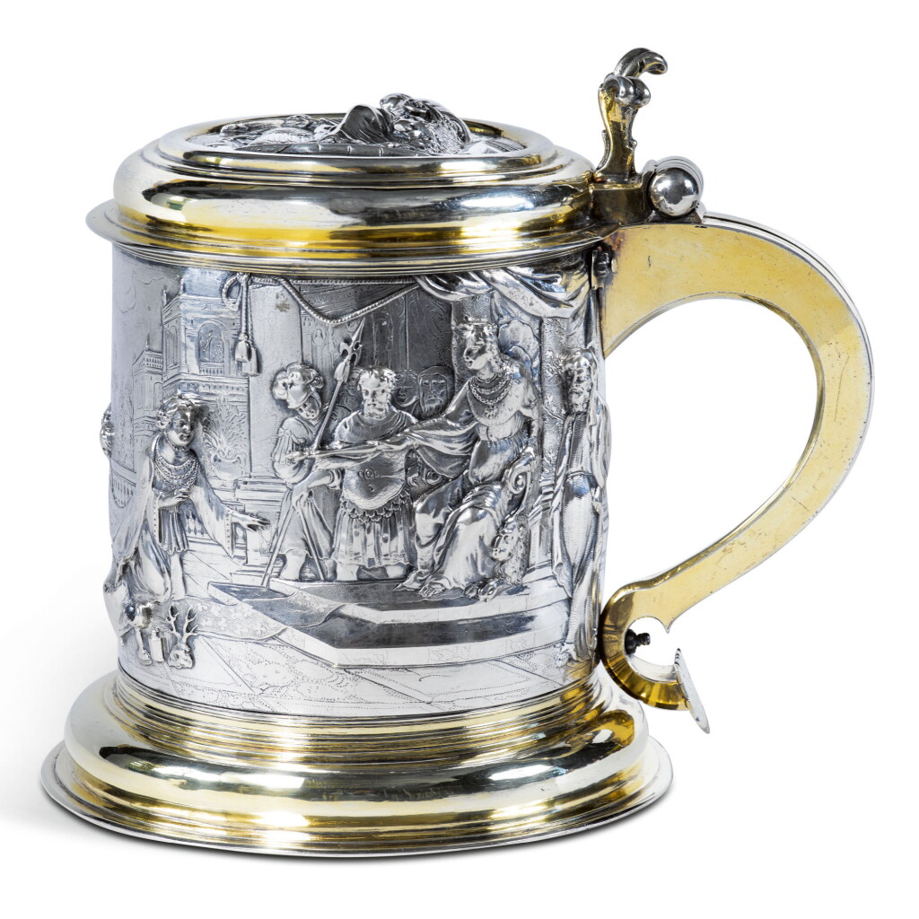 View full screen - View 1 of Lot 75. A LARGE GERMAN PARCEL-GILT SILVER TANKARD, MAKER'S MARK LH ABOVE 83 (ROSENBERG 3, NO.2855), KONIGSBERG, 1690.