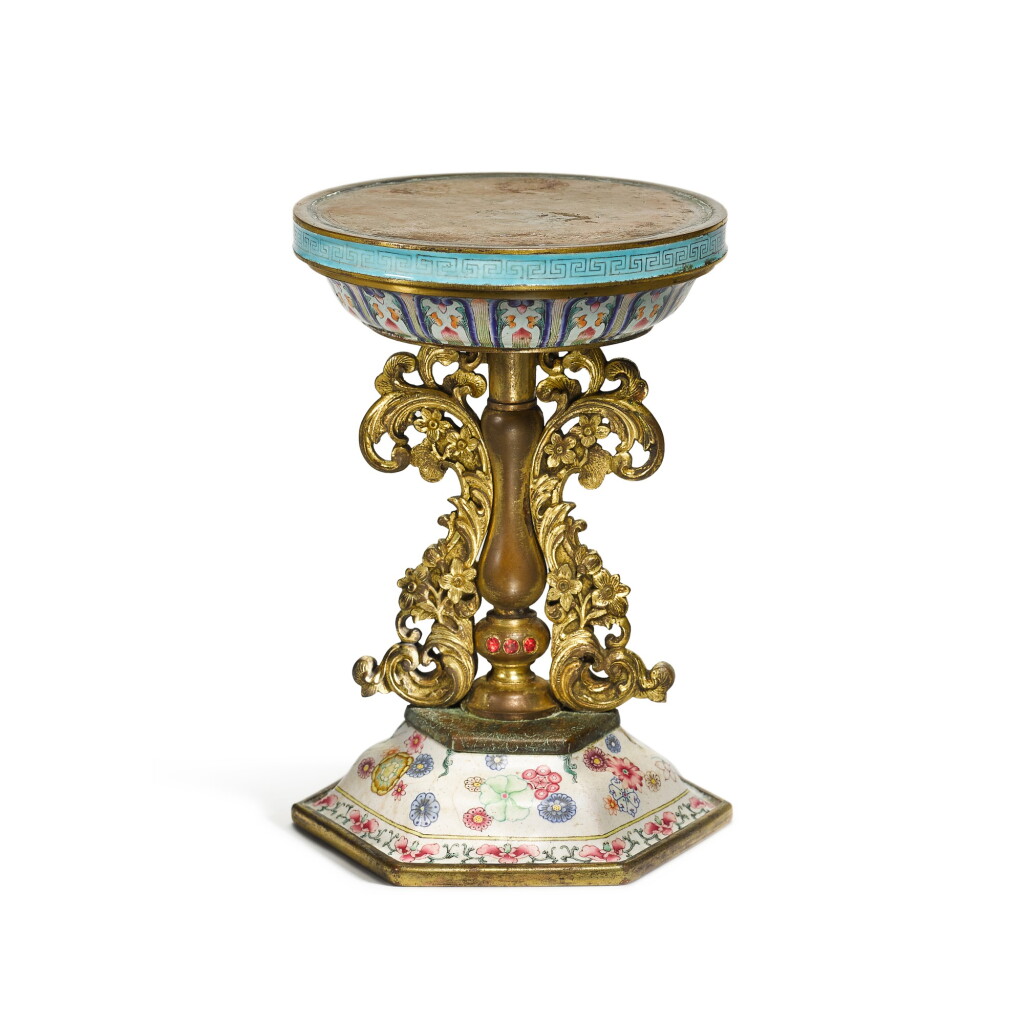 View full screen - View 1 of Lot 252. A gilt-bronze and enamel altar stand, Qing dynasty, 18th century.