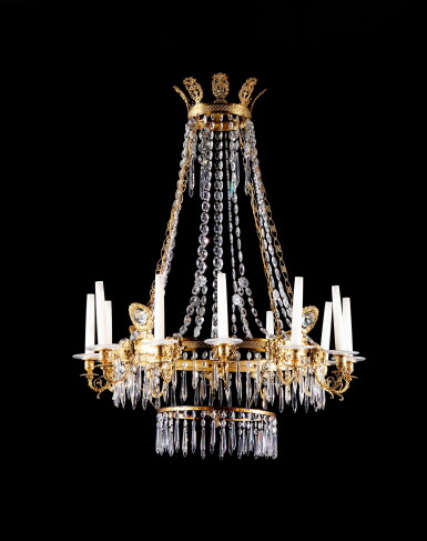 View full screen - View 1 of Lot 449. A crystal, blue-glass, gilt-bronze twelve-light chandelier, probably Northern Europe, first half of 19th century | Lustre à douze lumières en bronze doré, cristal et verre bleu, probablement Europe du Nord, première moitié du XIXe siècle.