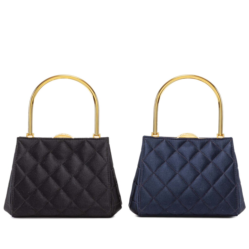 View full screen - View 1 of Lot 2055. Set of Two Evening Bags in Black and Navy Satin Gold Hardware, 1997-99.
