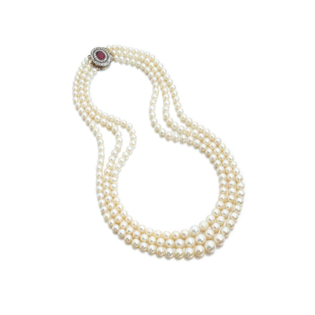 View full screen - View 1 of Lot 513. Exceptional natural pearl, ruby and diamond necklace.