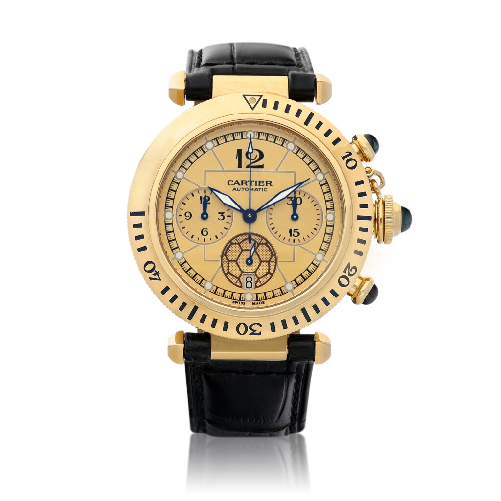 View full screen - View 1 of Lot 8065. Pasha Chronograph, Reference 2111, A limited edition yellow gold chronograph wristwatch with date, Made for FIFA World Cup, Made in 2002 | 卡地亞 Pasha Chronograph 型號2111 限量版黃金計時腕錶,備日期顯示,為 FIFA World Cup 而製,2002年製.