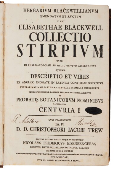 View full screen - View 1 of Lot 5. Blackwell, Elizabeth | A subscriber's copy of the expanded German edition of the first herbal illustrated by a woman .