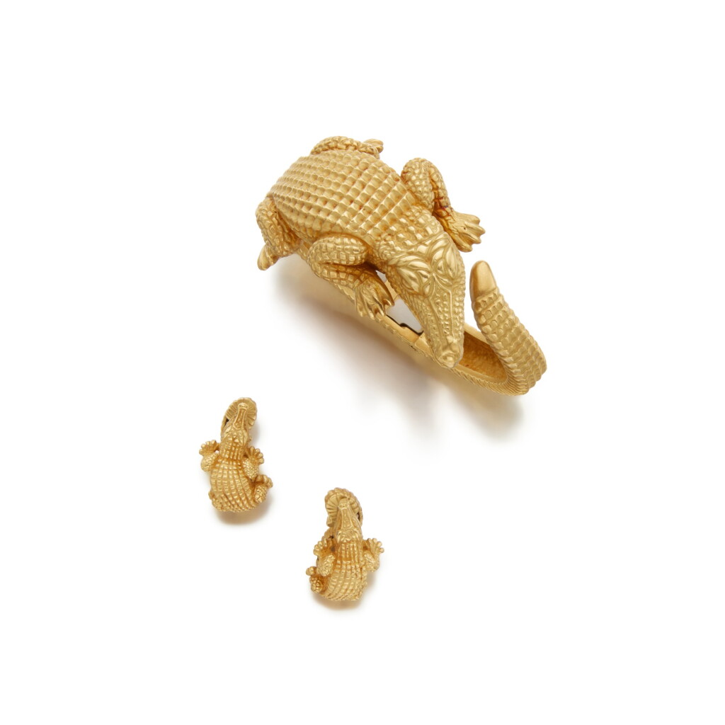 View full screen - View 1 of Lot 183. Gold Bracelet and Pair of Gold and Diamond Earclips.