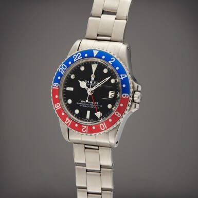 View full screen - View 1 of Lot 48. Reference 1675 GMT-Master 'Pepsi' | A stainless steel automatic dual time wristwatch with date and bracelet, Circa 1977 | 勞力士 型號 1675 GMT-Master 'Pepsi' 精鋼自動上鏈兩地時間鍊帶腕錶備日期顯示,製作年份約 1977.