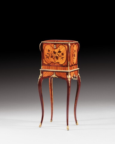 View full screen - View 1 of Lot 90. A gilt-bronze mounted tulipwood, amaranth and kingwood marquetry coffre à bijoux, Louis XV, circa 1765, stamped J. F LELEU et JME | Coffre à bijoux formant secrétaire en cabinet en marqueterie et bronze doré d’époque Louis XV vers 1765, estampillé J.F LELEU et JME.