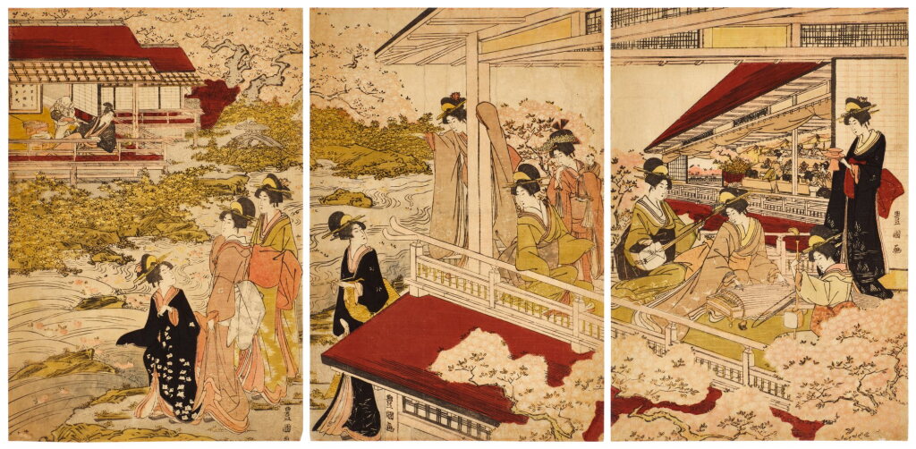 View full screen - View 1 of Lot 9. Utagawa Toyokuni (1769-1825) | Enjoying cherry blossoms in full bloom | Edo period, early 19th century .