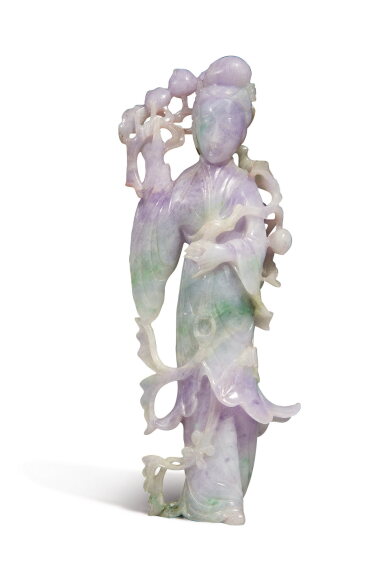 View full screen - View 1 of Lot 107. A lavender and apple-green jadeite figure of a meiren, Late Qing dynasty / early 20th century | 清末 / 二十世紀初 翡翠雕美人立像.