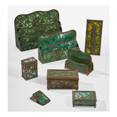 View full screen - View 1 of Lot 9. TIFFANY STUDIOS | SEVEN-PIECE “GRAPE VINE” DESK SET.