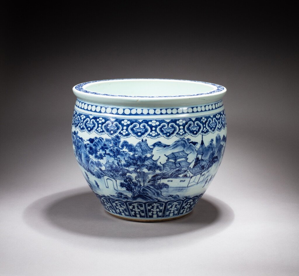 View full screen - View 1 of Lot 223. A large blue and white 'landscape' fishbowl, Qing dynasty, 18th-19th century | 清十八至十九世紀 青花山水人物圖缸.