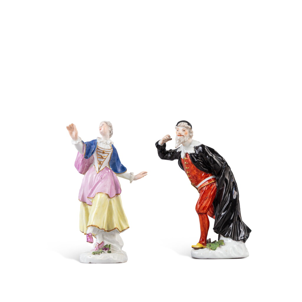 View full screen - View 1 of Lot 382. A Meissen porcelain Commedia dell'Arte figure of Pantalone from The Duke of Weissenfels series, circa 1745 and a Meissen porcelain figure of dancing Columbine, circa 1750.