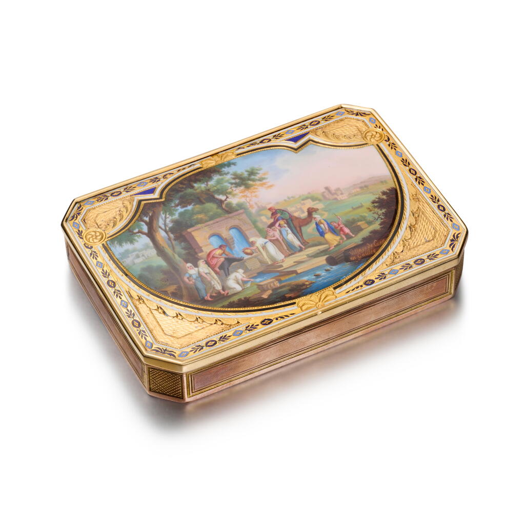 View full screen - View 1 of Lot 1077. A two-coloured gold and enamel snuff box, Remond, Lamy & Co, Geneva, 1801-1804, and Hanau, circa 1820, the enamel by Jean Louis Richter .